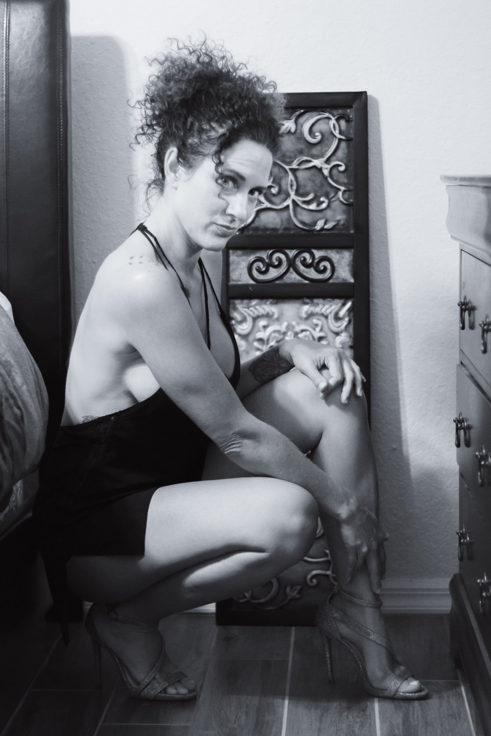 Curly Brunette Gives a Peek of her Pussy Boudoir #LBO44idh